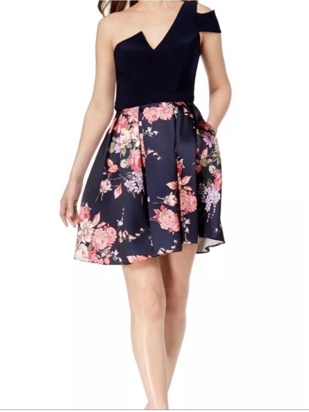 Betsy & Adam Navy One-Shoulder Floral Party Dress